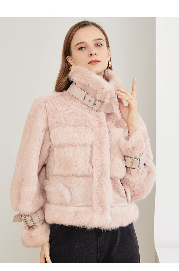 雪豹 优雅新潮翻领皮毛一体皮草外套 粉色 38