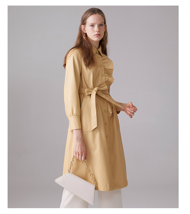 蔓诺蒂my.node 2021春新款文艺荷叶边腰带收腰中长款皮风衣 迷雾蓝 l