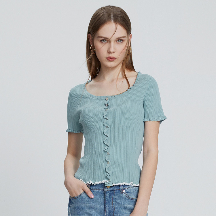 朗姿lancy 天蚕丝纱线短袖上衣女夏装21新款低领针织衫 浅米色 s