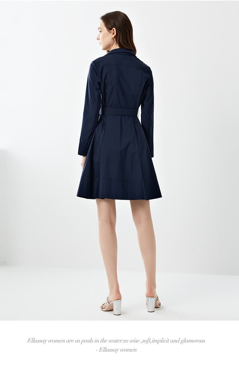 ellassay歌力思女装2021春季新款时尚优雅气质棉修身系带双排扣风衣女