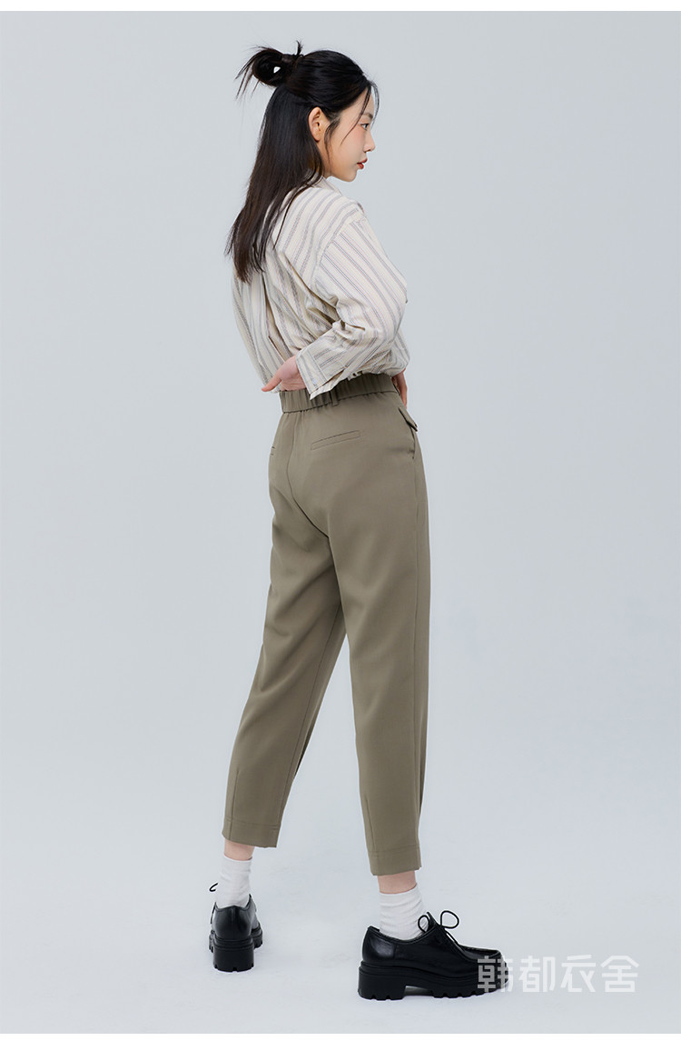 韩都衣舍 褶间锥形裤女2021夏季韩宽松高腰休闲裤 卡其绿色 m