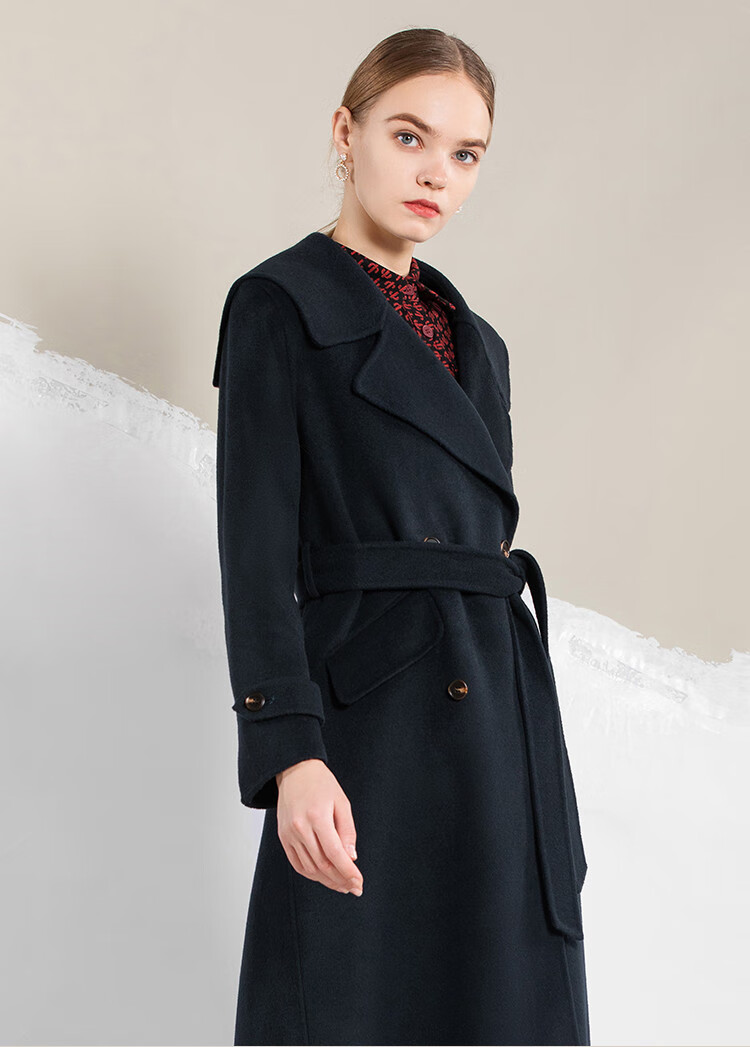 马天奴myteno 韩系文艺风纯色七分袖长款收腰翻领h型女式大衣毛呢大衣