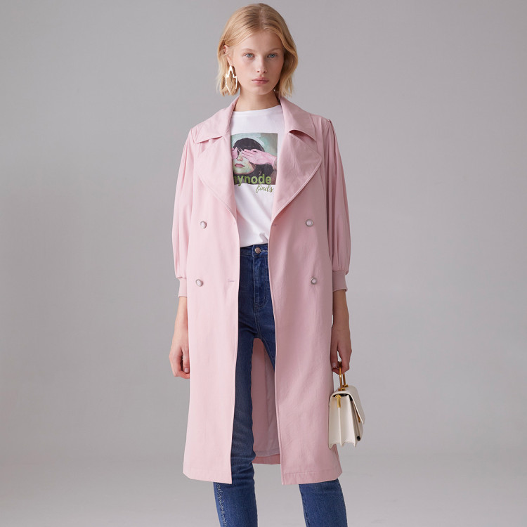 蔓诺蒂my.node 2021春新款大翻领收腰泡泡袖风衣女外套 米杏 s