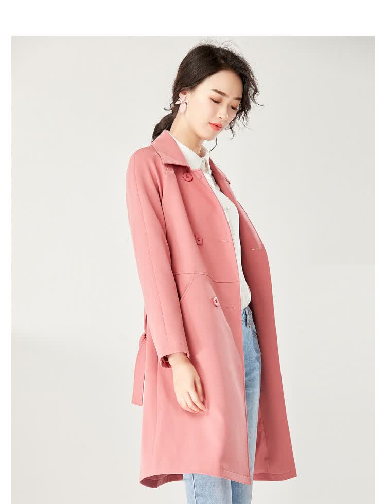 春秋季时尚翻领女式中长款外套韩版休闲气质百搭系带风衣女 橡皮红 xl
