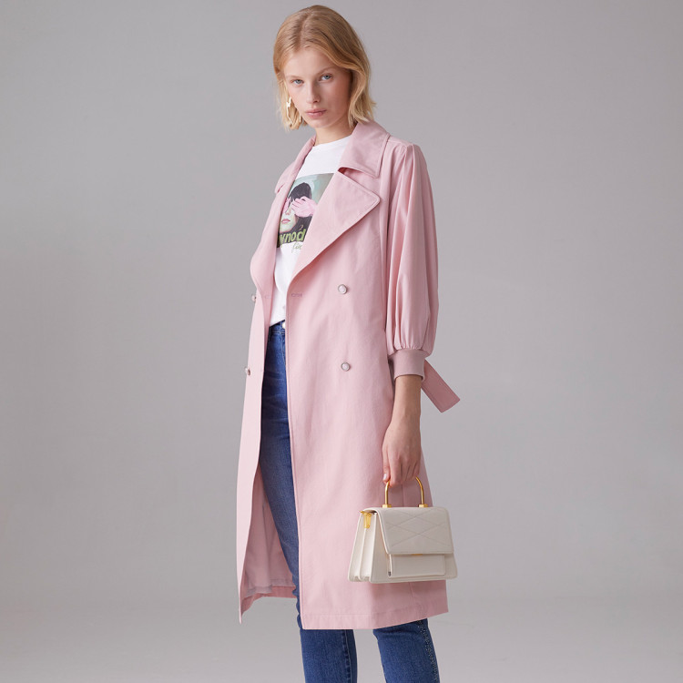 蔓诺蒂my.node 2021春新款大翻领收腰泡泡袖风衣女外套 米杏 s