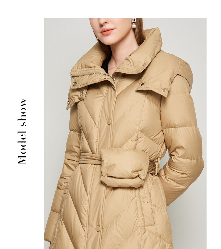 恩曼琳anmani21冬可拆卸帽收腰口袋拉链中长款女羽绒服卡其s