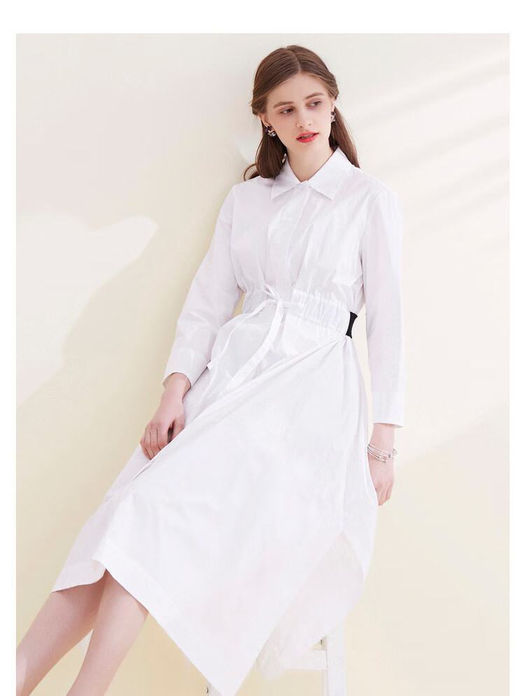 美之藤m.teng 舒适纯棉收腰系带中长款衬衫连衣裙 白色 l