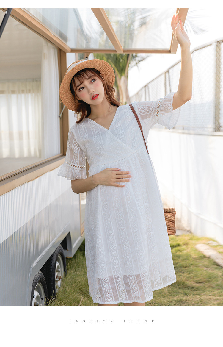 高梵 夏季新款孕妇裙【可哺乳】简约时尚小v领孕妇连衣裙孕妇装 白色