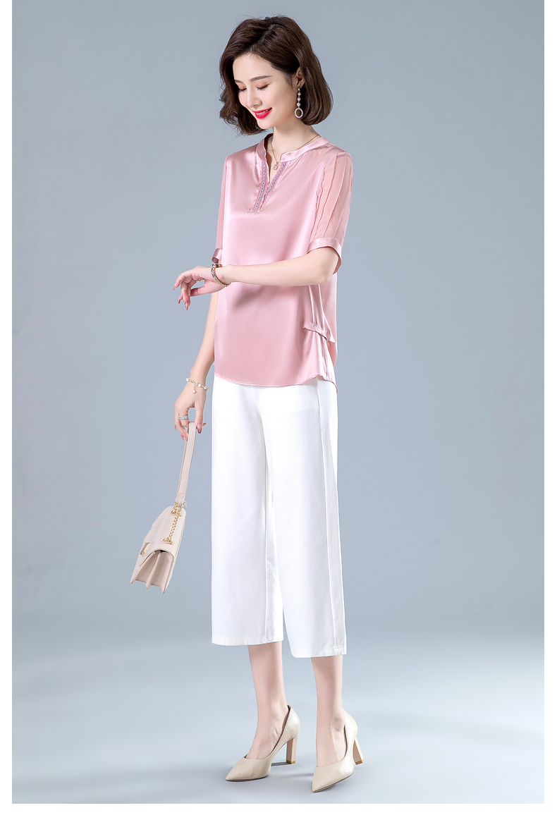 浅恋妈妈装夏装真丝短袖衬衫上衣夏季中年妇女桑蚕丝中老年人女装