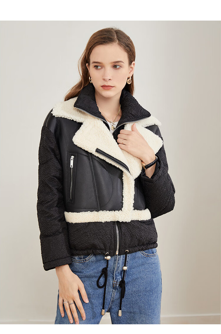 雪豹2020冬季新款翻领拼接皮毛一体外套皮草 黑白色 38