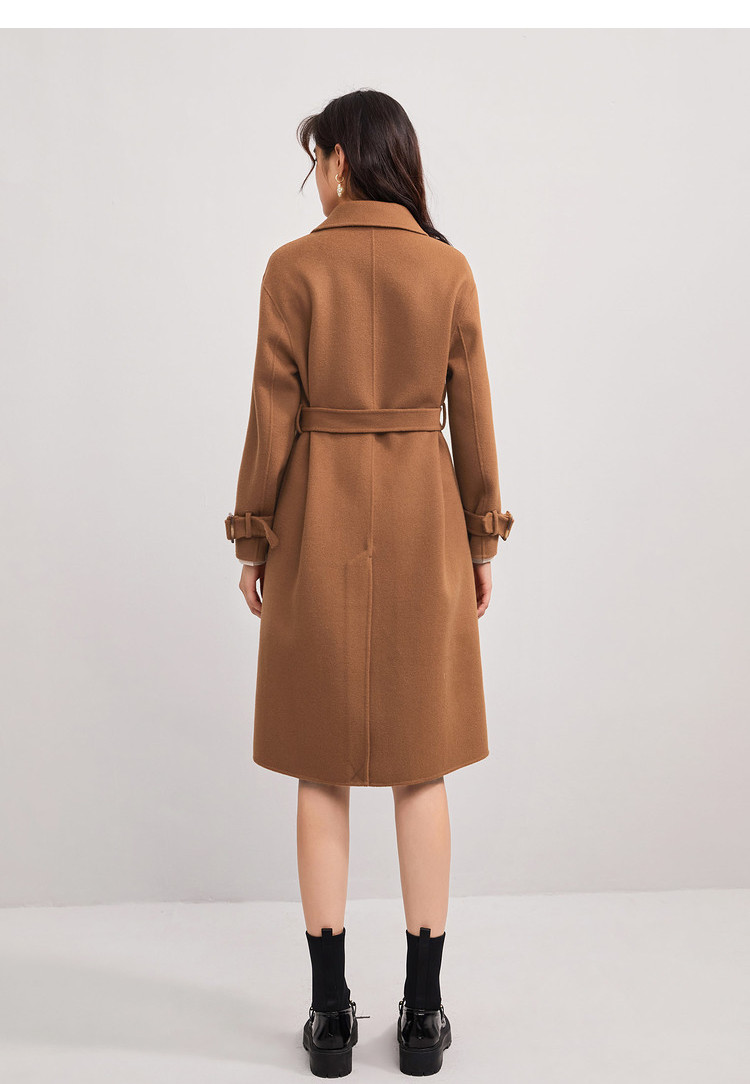 红袖hopeshow 春季新款女装宽松显瘦翻领中长羊绒双面呢外套毛呢大衣