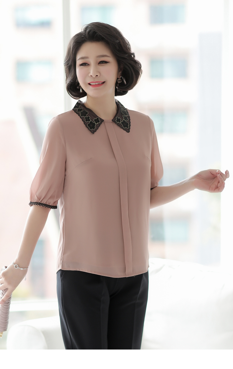 宝莲朵妈妈装时尚短袖t恤中年女装夏装四五十岁中老年翻领雪纺半袖