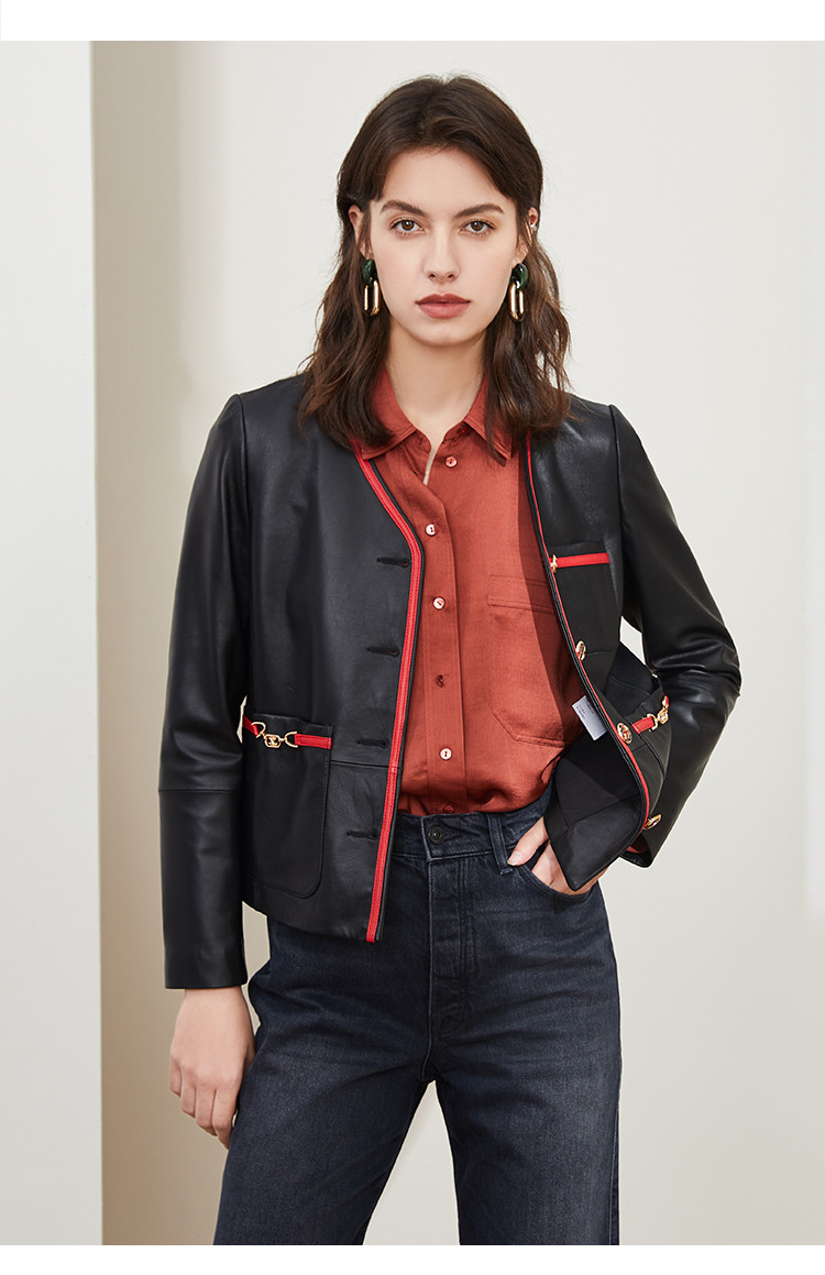 雪豹2020秋季新款v领复古撞色单排扣绵羊皮女士真皮皮衣 黑色 大红 38