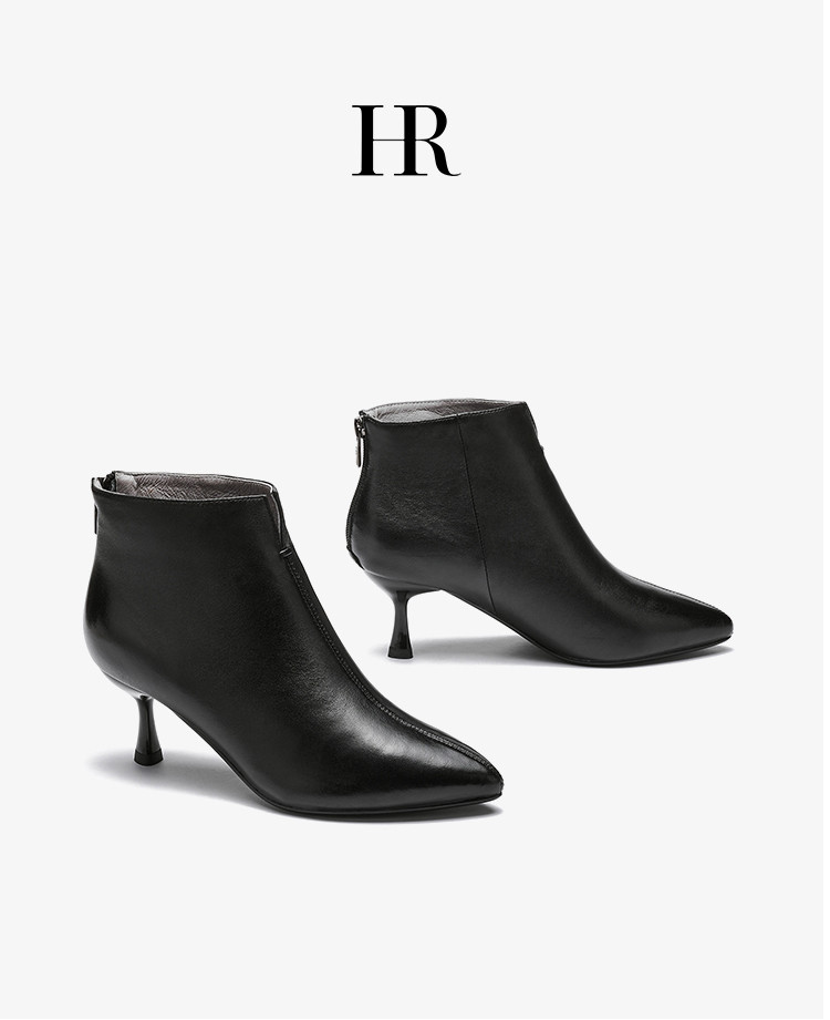 hr 赫莲娜女靴2020新款秋冬尖头通勤短靴细跟羊皮革时装靴 米白色 38