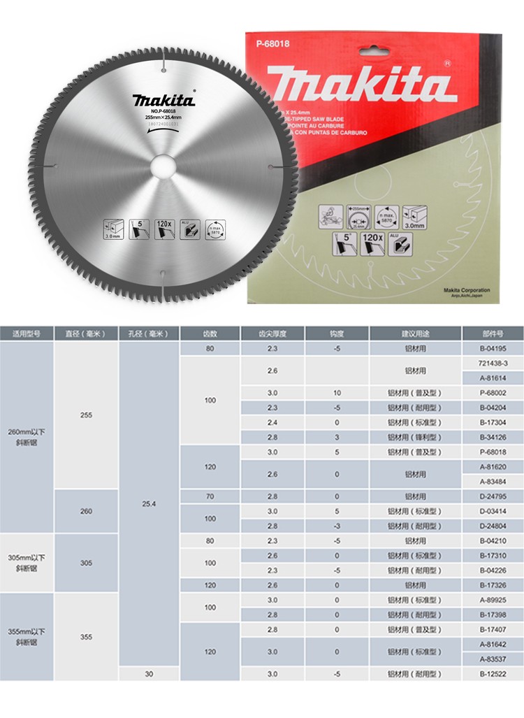 makita日本牧田铝合金锯片10寸120齿原装硬质断桥铝型材塑钢锯铝介铝
