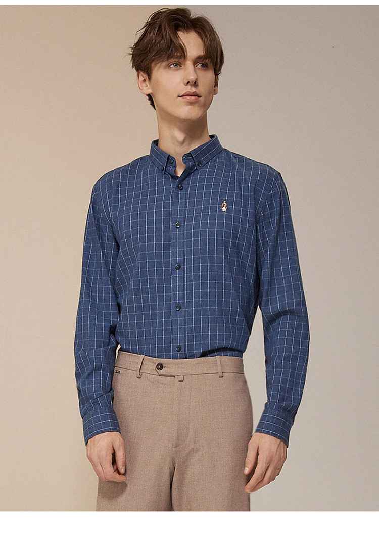 暇步士hush puppies 舒适休闲细格简约男式衬衫 055中蓝2 xl
