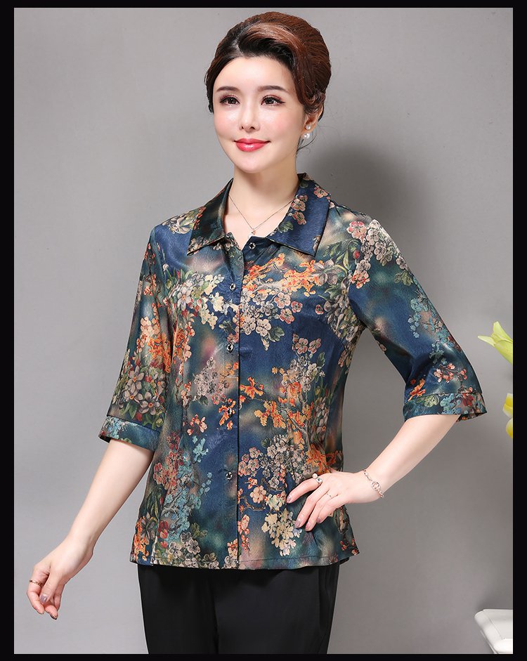 麦子熟了mai zi shu le 2018年春夏装新品翻领中袖印花衬衫中老年女装