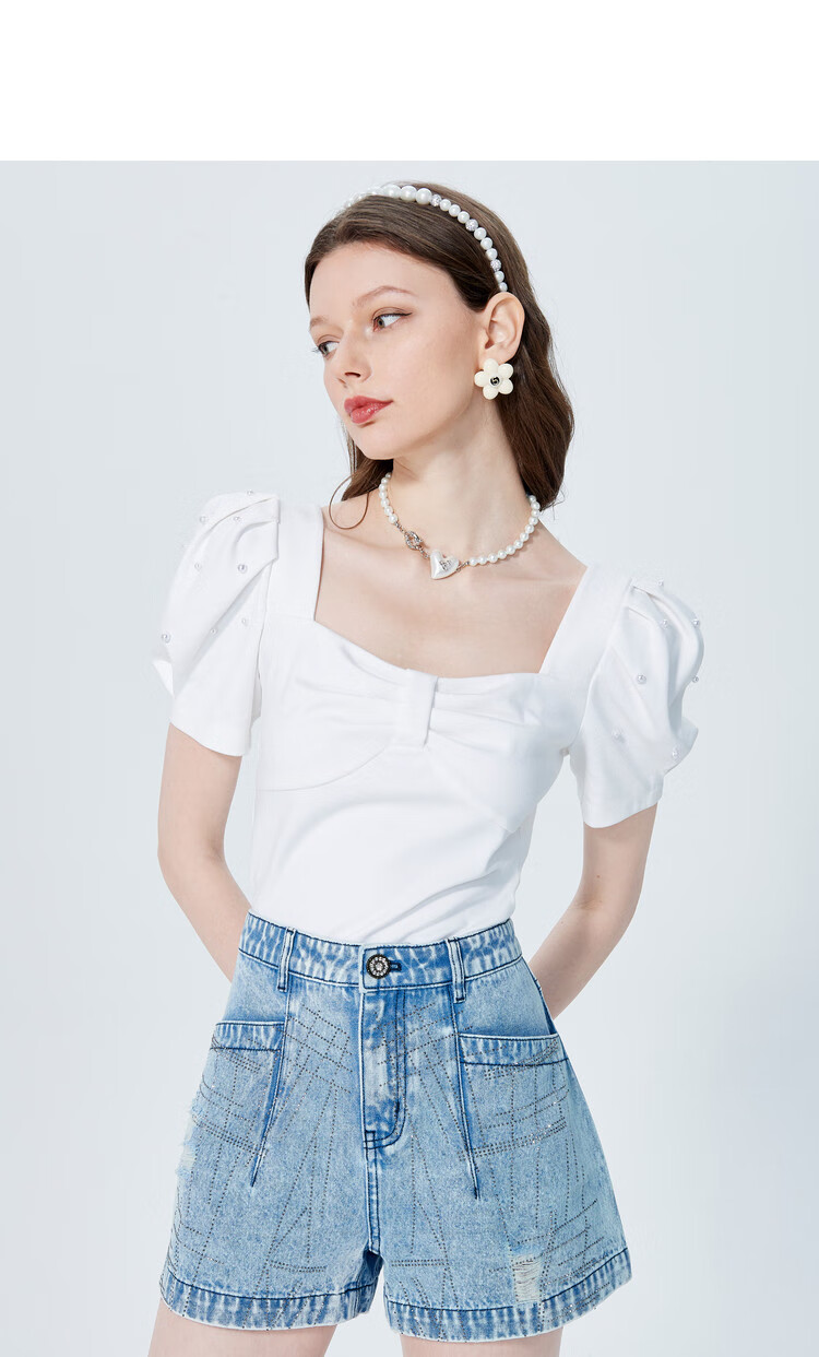 欣贺艾薇aivei 2022夏新时尚方领钉珠泡泡袖褶皱衬衫上衣 拿破里黄 s