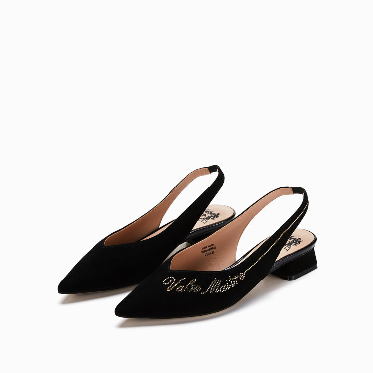 vme vme舞魅女鞋尖头浅口品牌字样华丽水钻中跟单鞋女 黑色 36