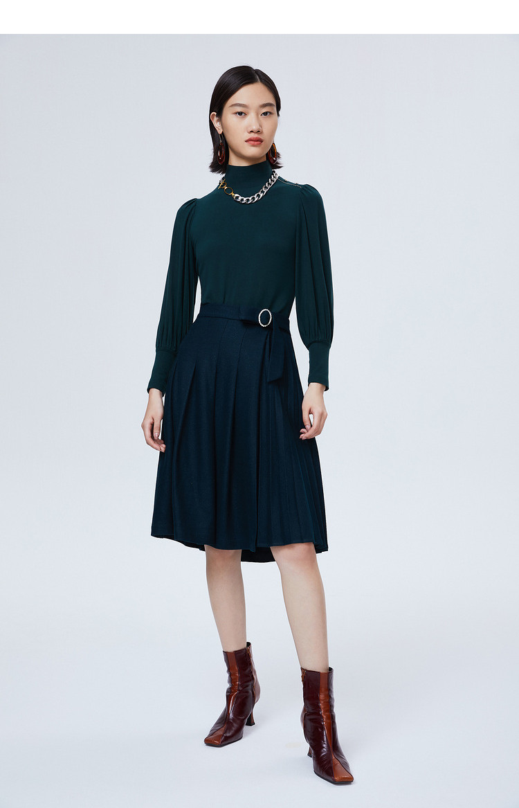 恩裳insun 冬季时尚绵羊毛百褶a字裙抗起球半身裙中长款 墨绿 40
