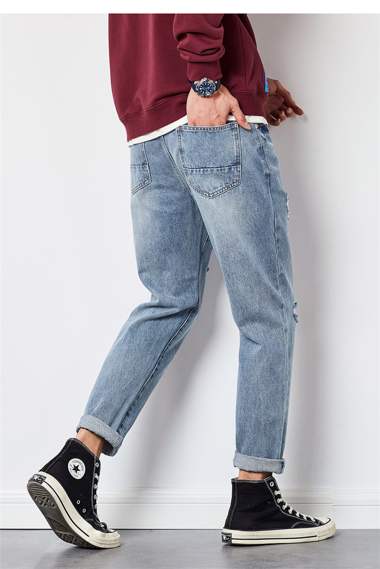 唐狮tonlion 男裤男士牛仔裤男基本锥形小直筒破洞牛仔长裤直筒裤宽松
