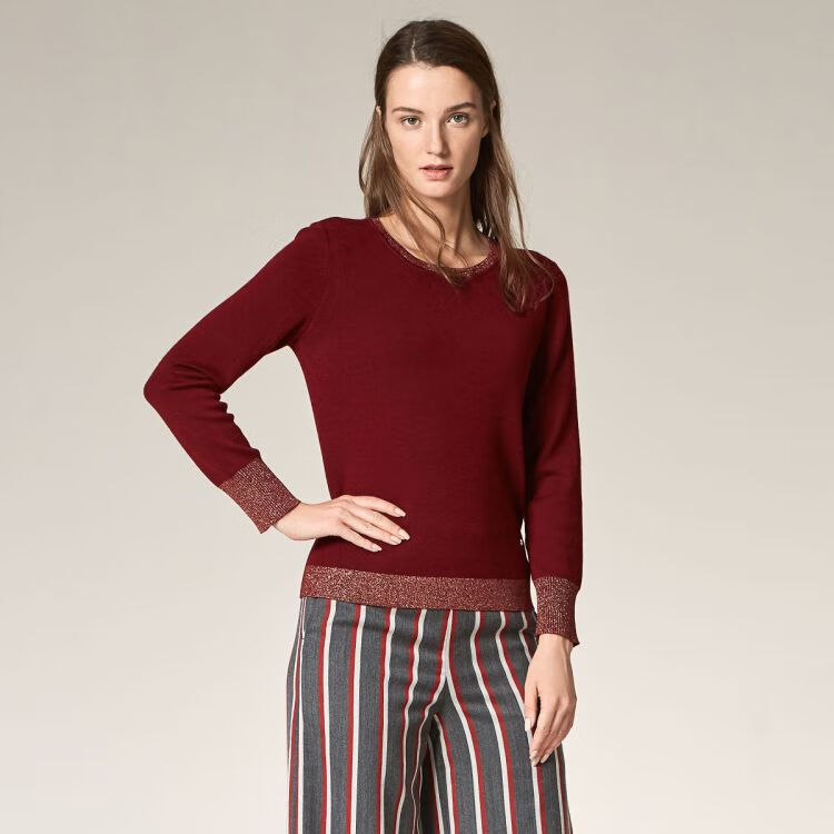 音儿yiner圆领休闲长袖羊毛衫针织衫酒红色38