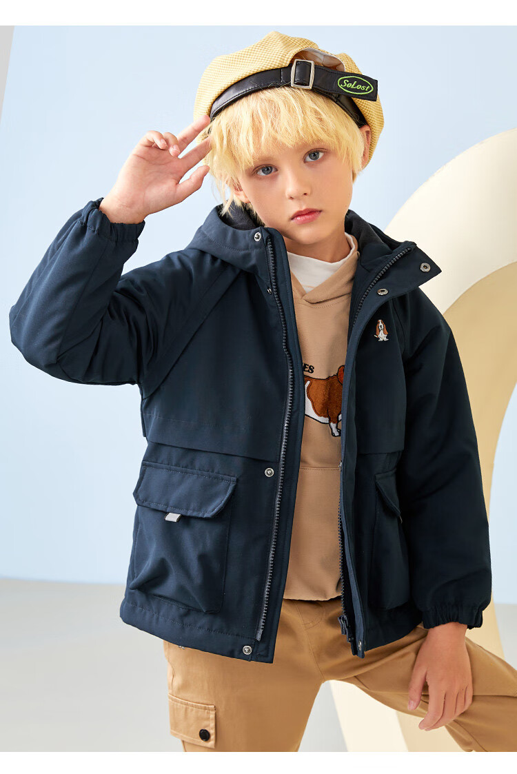 暇步士hushpuppies中性款风衣春秋男童女童薄风衣工装风连帽外套浅