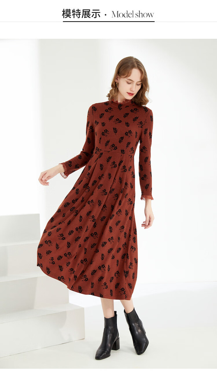 moreline 沐兰优雅连衣裙春秋款女士中长款印花蕾丝立领长袖裙子 红克
