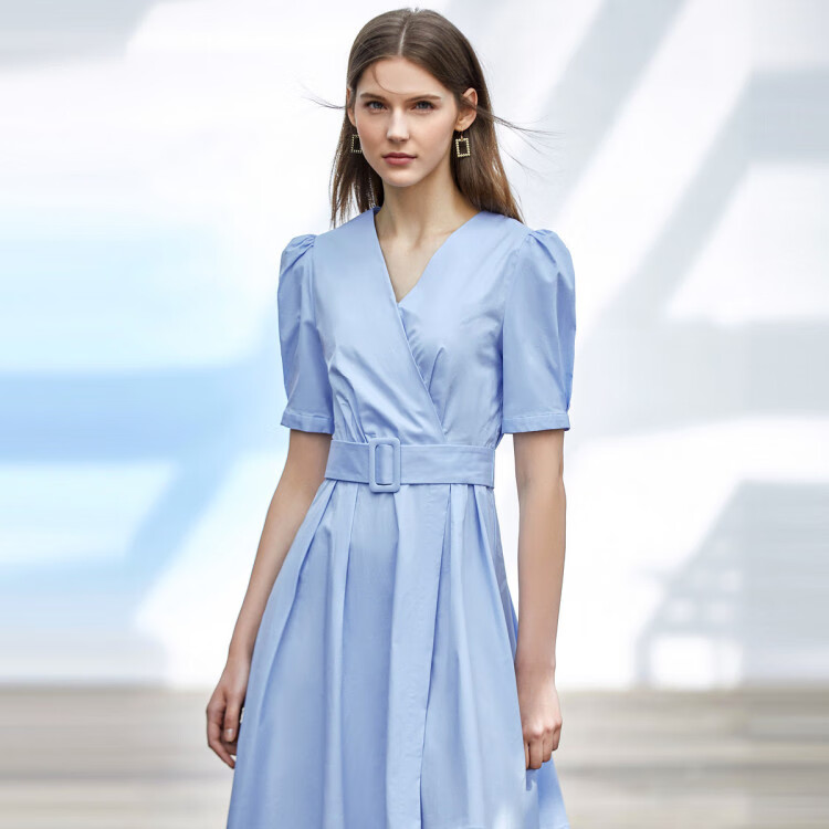 朗姿lancy集团法式v领裙子新款天领泡泡短袖休闲高腰连衣裙女天蓝色m