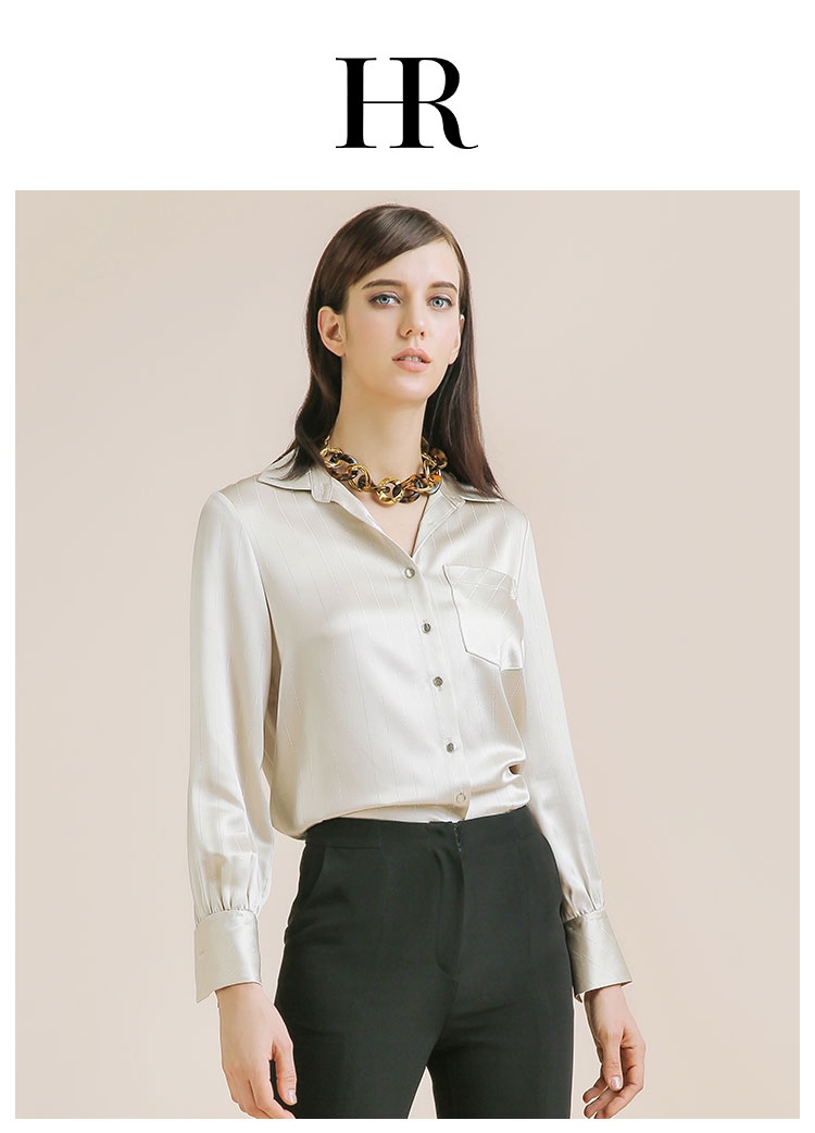 hr 赫莲娜女装时尚醋酸银丝线衬衫女长袖女式女款衬衣女上衣 香槟色 l