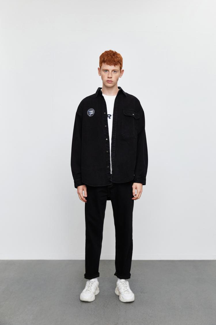 urban revivo ur男装宽松口袋饰翻领棉丹宁牛仔衬衫mv01sbme2000 正黑
