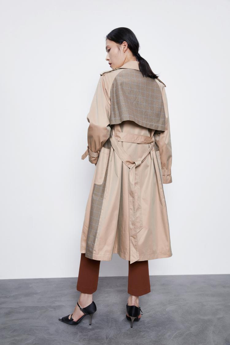 urban revivo ur时尚英伦风翻领宽松风衣外套wg32s1ds2000 卡其色格子