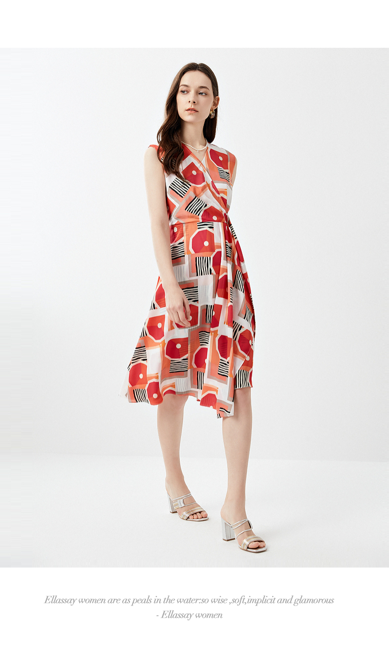 ellassay歌力思女装2021新款印花无袖修身气质连衣裙 橙写意 xs