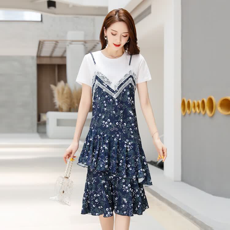 尚静时尚拼接短袖碎花连衣裙女21春夏新款气质圆领休闲连衣裙藏青多色