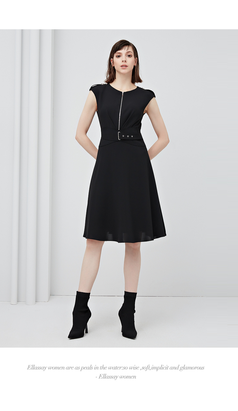 ellassy歌力思女装2021秋季新款圆领修身气质无袖连衣裙 经典黑 m