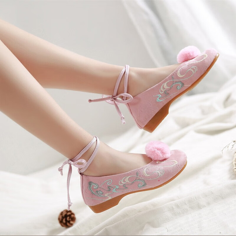 传统汉服鞋子女古风绣花鞋布鞋舞蹈鞋低跟民族风增高鞋单鞋 汉华 白色