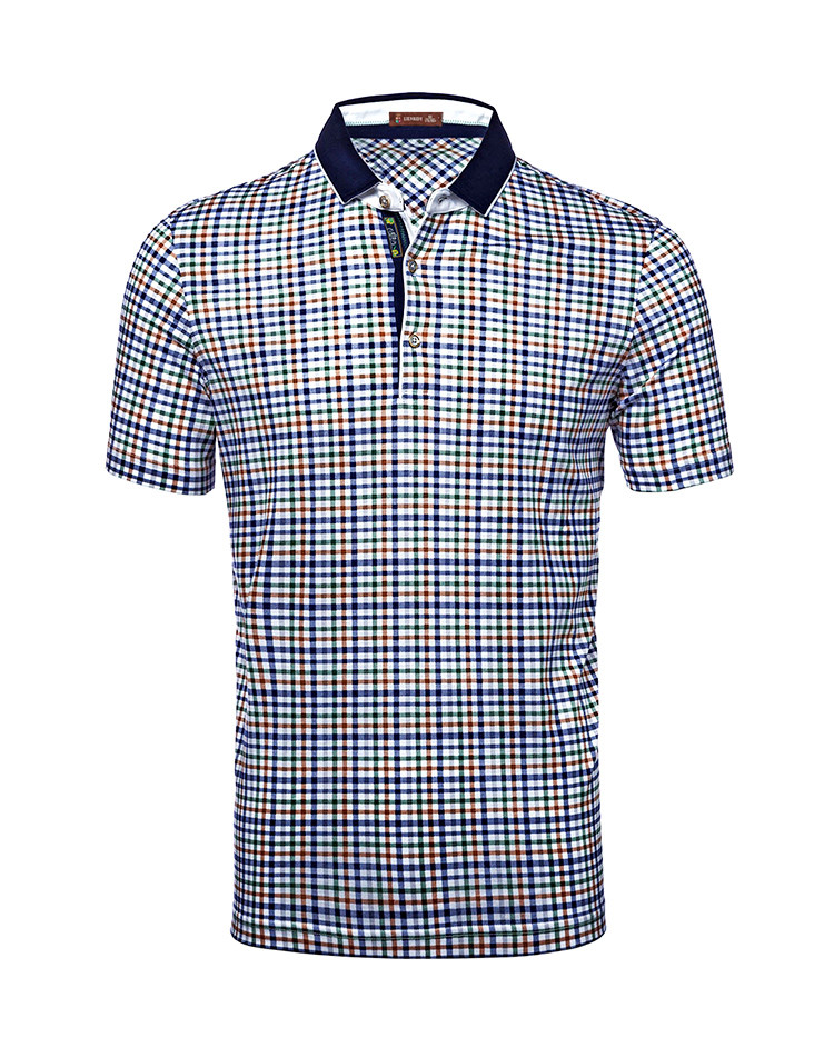 莱恩雷迪lienridy 【轻奢丝光棉面料】格子商务休闲翻领短袖男式t恤