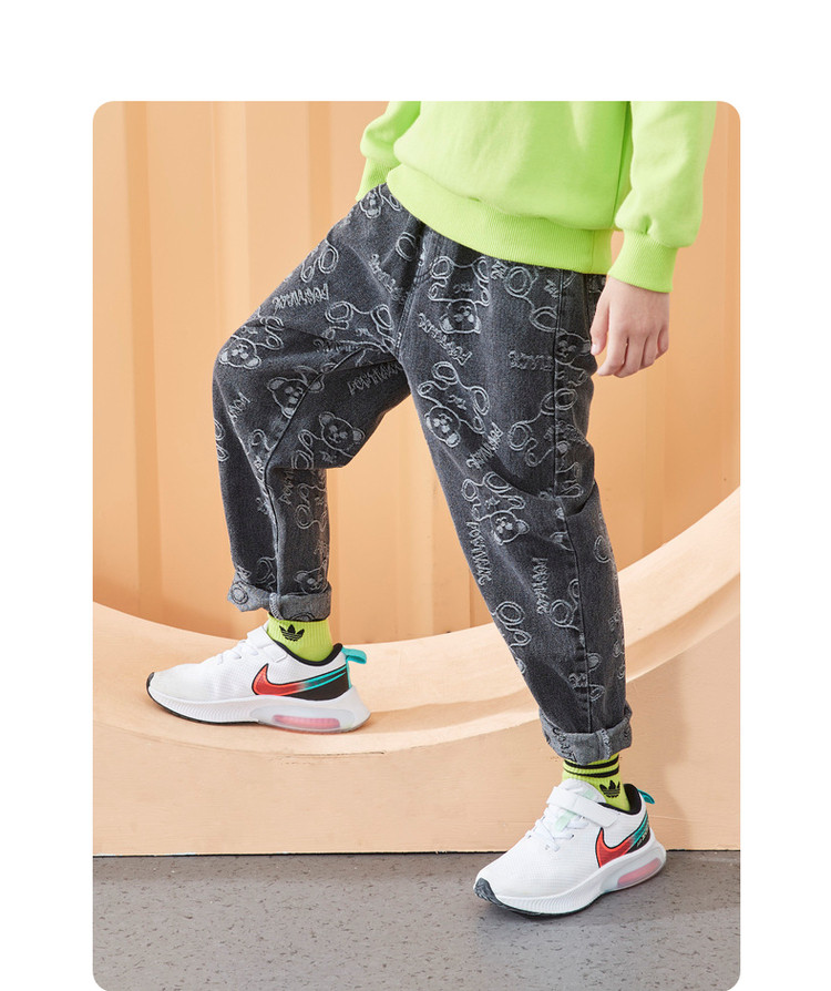 一贝皇城ebaer 男童印花牛仔裤2021秋季新款中大童儿童韩版裤子长裤