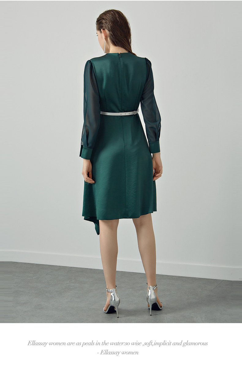 ellassay歌力思女装2021秋季新款长袖气质修身不规则连衣裙 深黛绿 xs