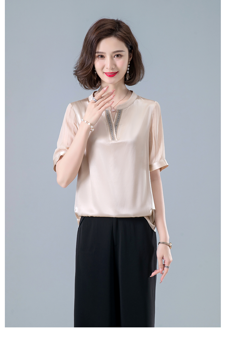 浅恋妈妈装夏装真丝短袖衬衫上衣夏季中年妇女桑蚕丝中老年人女装