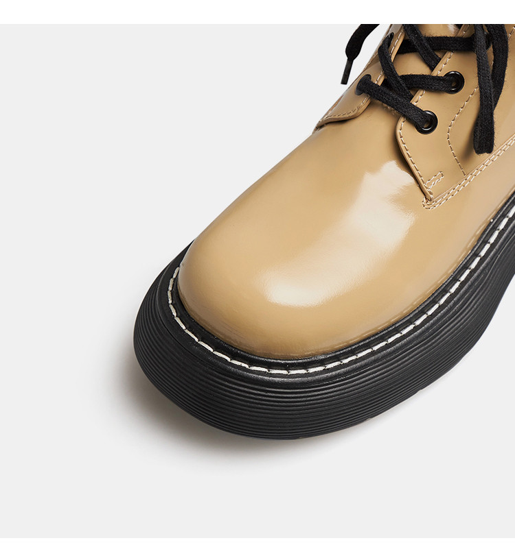 哥弟girdear 女鞋大头厚底绑带中帮英伦风大头德比鞋女单鞋 黑黄 35