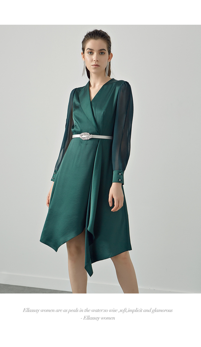ellassay歌力思女装2021秋季新款长袖气质修身不规则连衣裙 深黛绿 xs