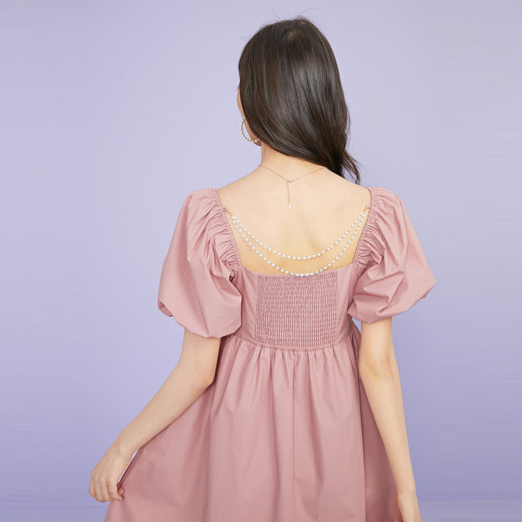 凡兔one-t 【打揽工艺】纯棉方领露后背小心机珍珠链连衣裙2021新款女