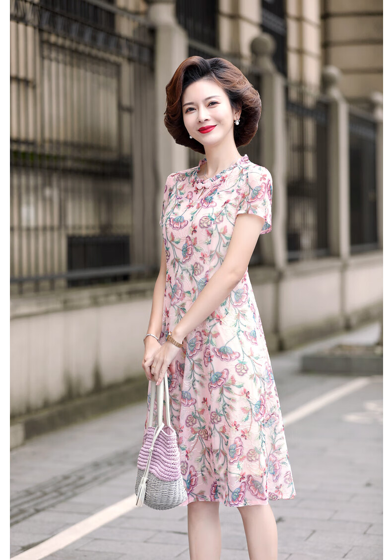 宝莲朵妈妈装夏装洋气连衣裙夏季中年人女装喜婆婆中老年妇女台湾纱大