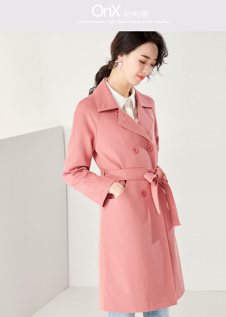 春秋季时尚翻领女式中长款外套韩版休闲气质百搭系带风衣女 橡皮红 xl