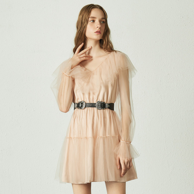 卓雅周末jorya weekend v领收腰可拆腰带网纱连衣裙 黑色 m