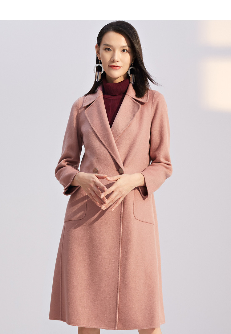 娜尔思naersi 冬装山羊绒大衣中长款双排扣直筒简约修身外套 淡红色 l