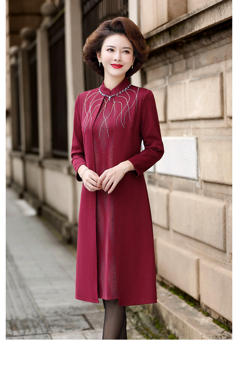 妈妈装春装长袖裙子中年喜婆婆婚宴时尚礼服中老年女装春秋高贵连衣裙