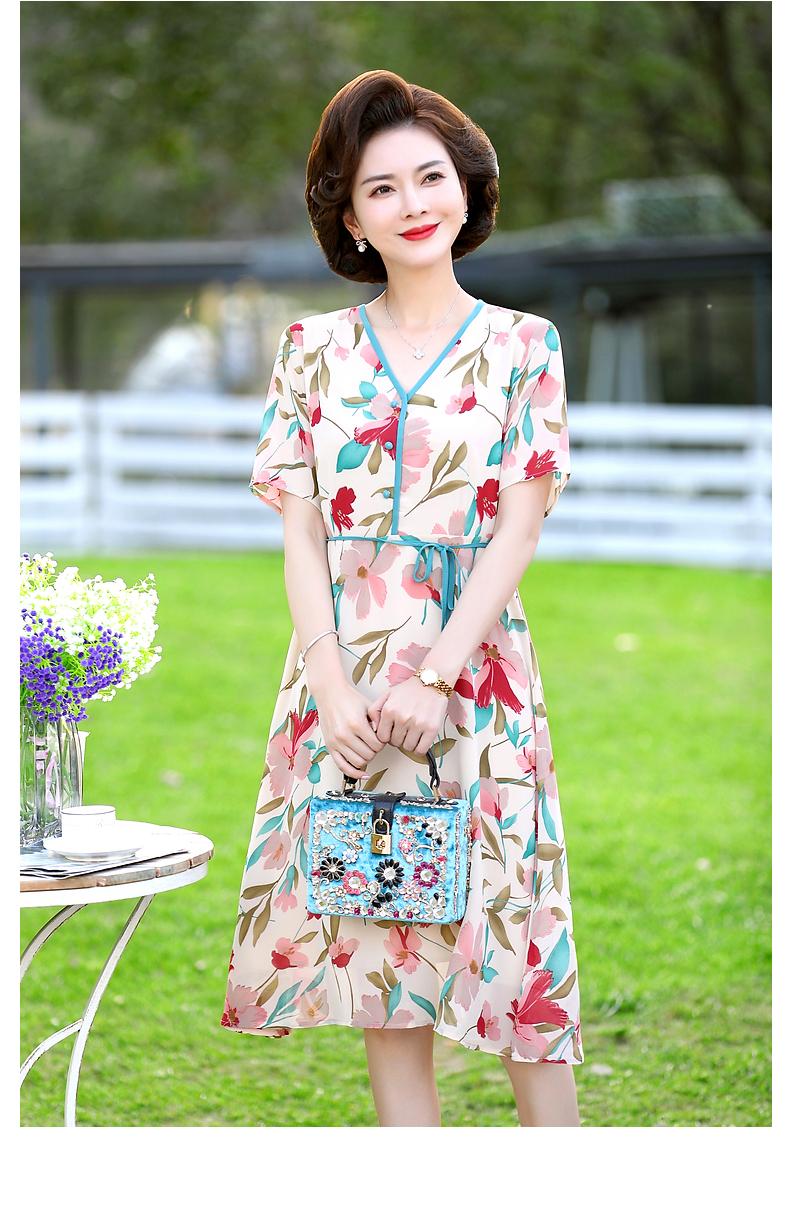 宝莲朵韩版妈妈装夏装短袖连衣裙中年妇女气质印花衣服中老年女装系带