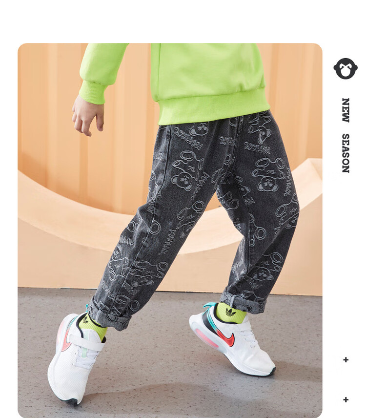 一贝皇城ebaer 男童印花牛仔裤2021秋季新款中大童儿童韩版裤子长裤